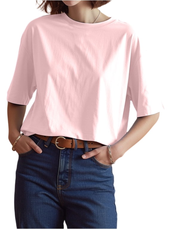 Women Half Sleeve Cropped T-Shirts Drop Shoulder Round Neck Crop Tops Casual Summer Basic Tees Light Pink XL