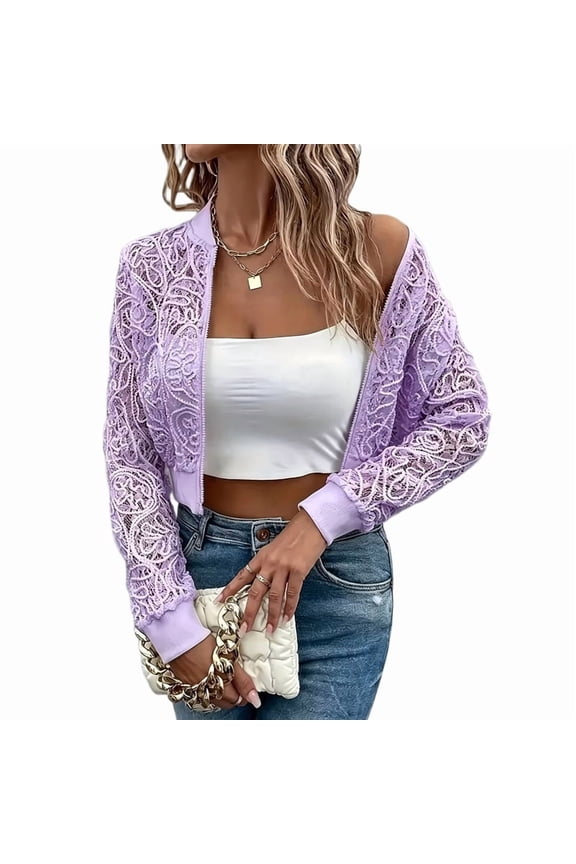 Women Lace Cropped Bombers Jacket Long Sleeve Zip Up Sheer Lightweights Cardigan XL