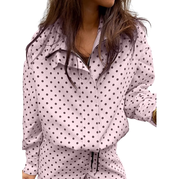 Gynyvoja Women Polka Dot Jacket Stand Collar Cropped Jackets Zip Up Coat Casual Spring Jacket with Pockets Pink Polka Dot Coat L