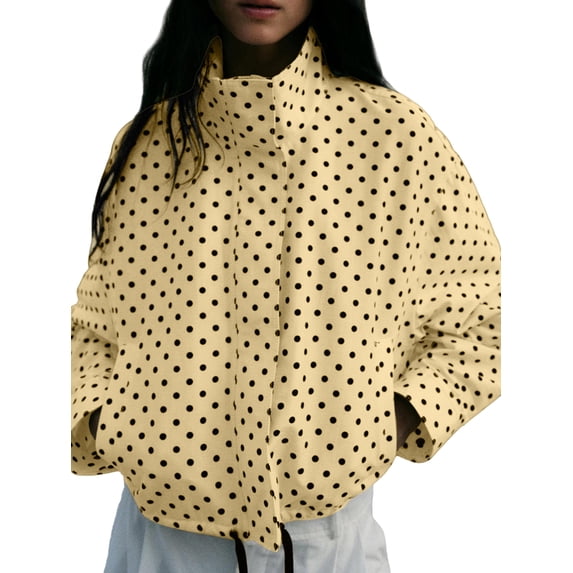 Gynyvoja Women Polka Dot Jacket Stand Collar Cropped Jackets Zip Up Coat Casual Spring Jacket with Pockets Yellow Polka Dot XS