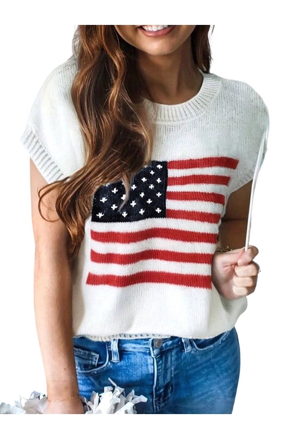 Women'S American Flag Pattern Cap Sleeve Crew Neck Sweater Casual Loose Pullover Cardigan Sweater White M