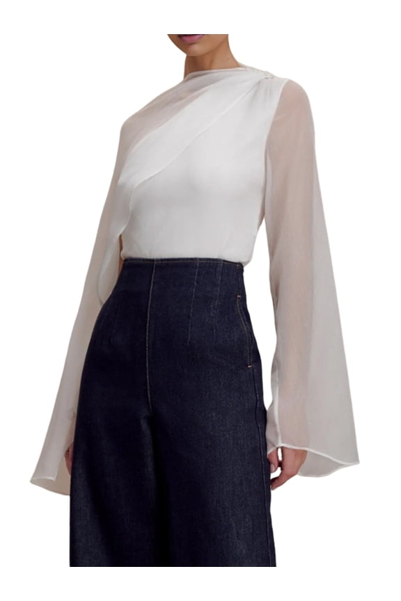 Women'S Asymmetric Sheer Chiffon Blouse, One Shoulder Flowy Long Sleeve Top White M