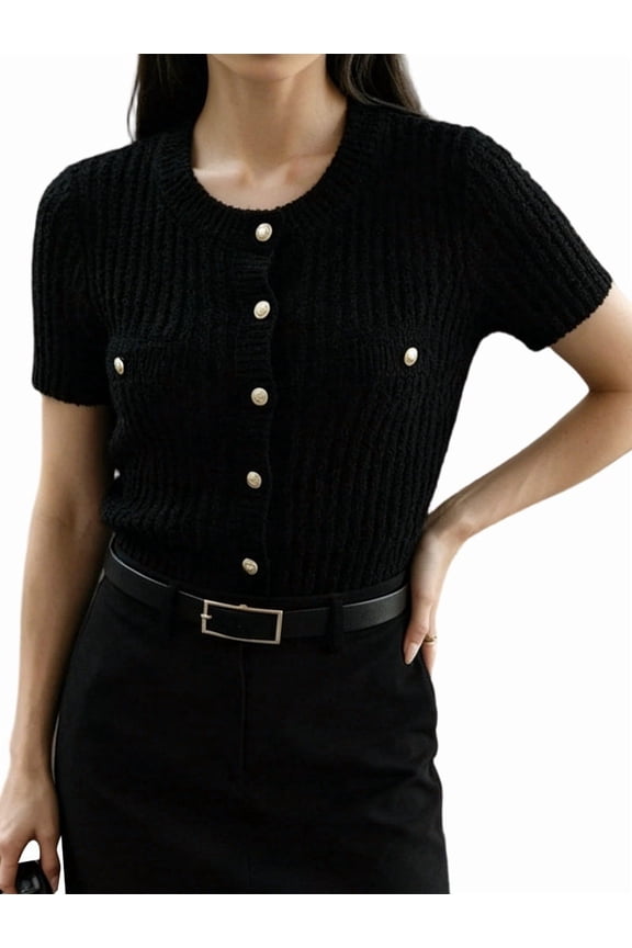 Women'S Casual Summer Short Sleeve Cardigan Button Down Knitted Sweater Basic Crew Neck Crop Tops Black L