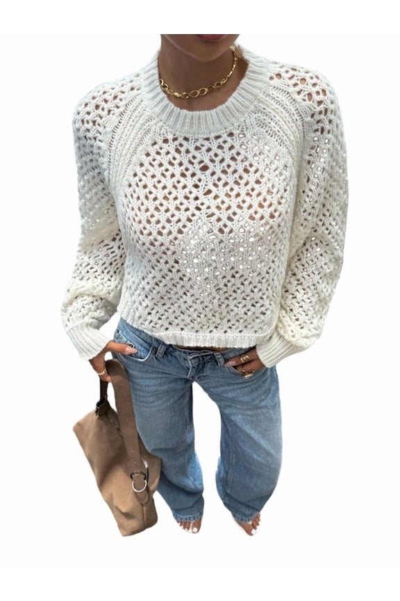 Women'S Crochet Sweater Crew Neck Long Sleeve Tie Open Back Cropped Sweater Knit Pullover Top Rice L