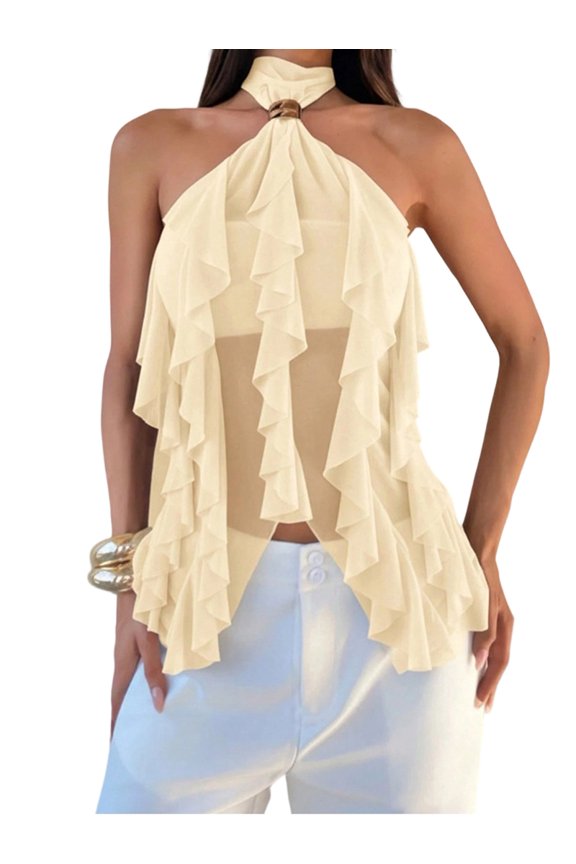 Women'S Flowy Going Out Halter Tops Ruffle Mesh Tops Sleeveless Halter Neck Tank Top Summer Outfit Light Yellow L