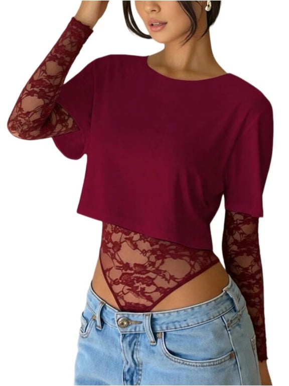 Women'S Lace Patchwork Tops Bodysuit Long Sleeve Crewneck Mesh Sheer Crop Going Out Party T-Shirts Wine Red S