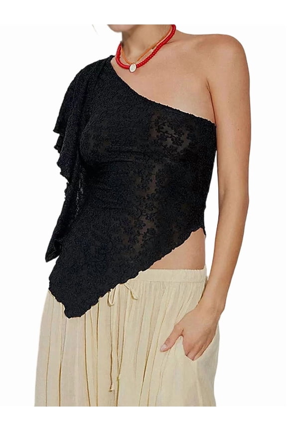 Women'S Off Shoulder Asymmetric Hem Ruffle Textured Short Sleeve Fitted Casual Top