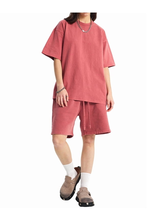 Women'S Oversized Crew Neck T-Shirt, Casual Short Sleeve Cotton Tee Washed Brick Red XL
