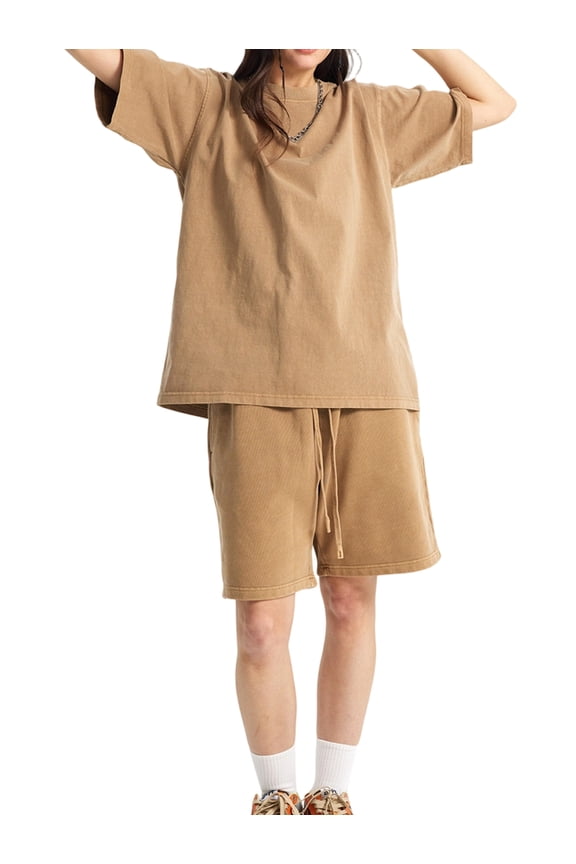 Women'S Oversized Crew Neck T-Shirt, Casual Short Sleeve Cotton Tee Washed Camel XXL