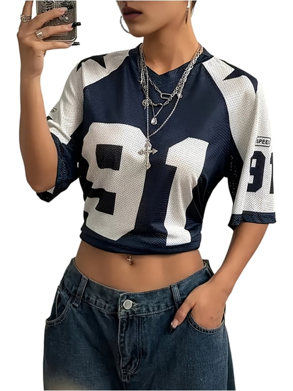 Women'S Oversized Graphic Football Jersey Shirt Mesh Short Sleeve Tee Top Streetwear Blue M
