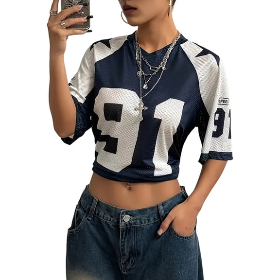 Gynyvoja Women'S Oversized Graphic Football Jersey Shirt Mesh Short Sleeve Tee Top Streetwear Blue S