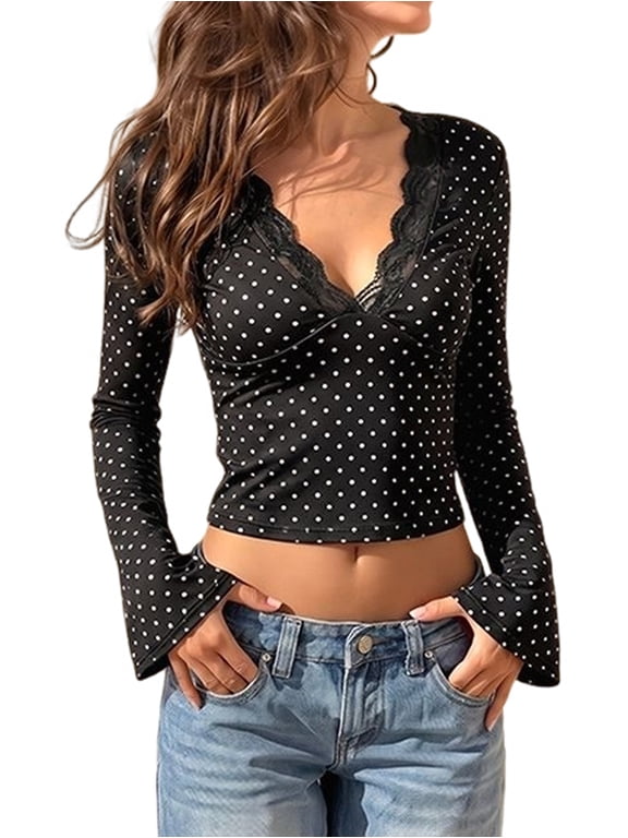 Women'S Polka-Dot Lace V-Neck Flare Sleeve Cropped Fitted Top Black S