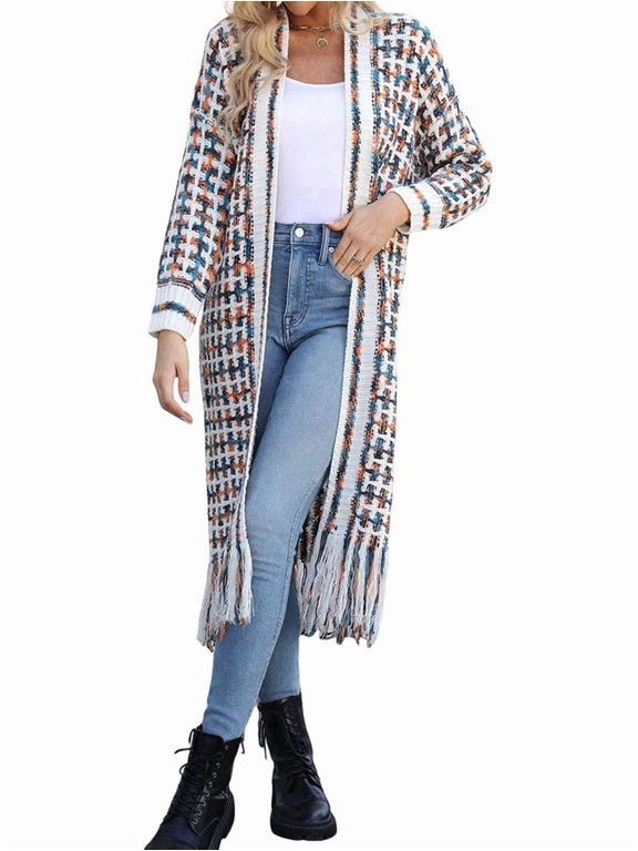 Women'S Rainbow Plaid Fringe Hem Open Front Long Knit Cardigan Orange XXXL