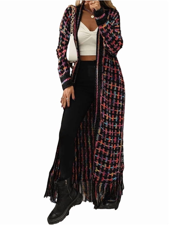Women'S Rainbow Plaid Fringe Hem Open Front Long Knit Cardigan S