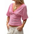 thumbnail image 1 of Gynyvoja Women'S Reversible V-Neck Short Sleeve Striped Fitted Cropped T-Shirt Pink S, 1 of 9
