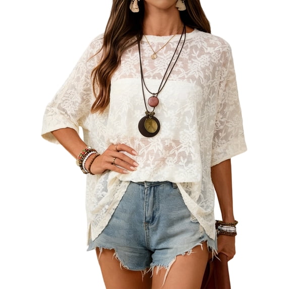 Gynyvoja Women'S See Through Sheer Lace Summer Tops Crew Neck Short Sleeve T-Shirts White M