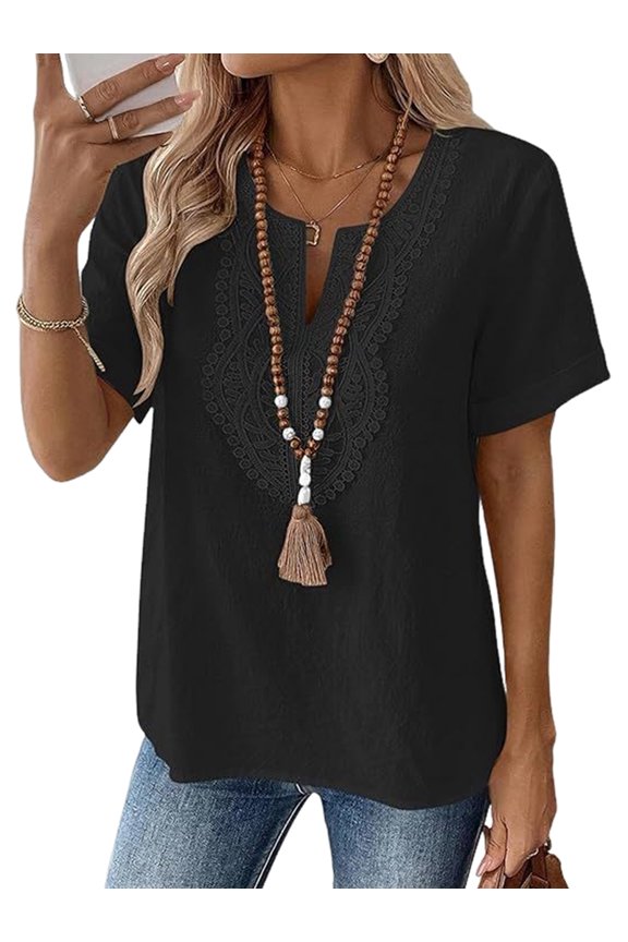 Women'S Short Sleeve Tops Boho V Neck Lace Shirts Dressy Casual Blouses Summer Cute Tunic Black XL