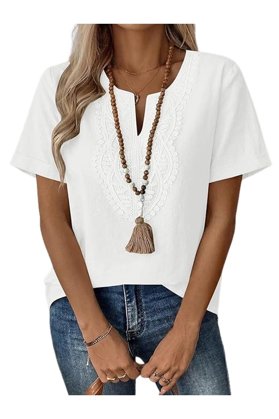 Women'S Short Sleeve Tops Boho V Neck Lace Shirts Dressy Casual Blouses Summer Cute Tunic White XXL
