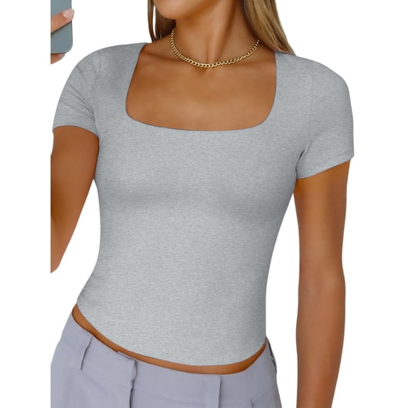 Gynyvoja Women'S Short Sleeve Tshirts Square Neck Cute Crop Tops Spring Summer Basic Tees Workout Going Out Light Flower Gray L