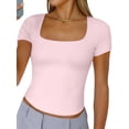 thumbnail image 1 of Gynyvoja Women'S Short Sleeve Tshirts Square Neck Cute Crop Tops Spring Summer Basic Tees Workout Going Out Pink XL, 1 of 9