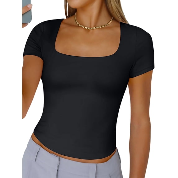 Gynyvoja Women'S Short Sleeve Tshirts Square Neck Cute Crop Tops Spring Summer Basic Tees Workout Going Out