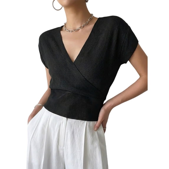Gynyvoja Women'S V-Neck Wrap Front Ribbed Knit Short Sleeve Fitted Cropped Sweater Tos Black S