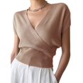 thumbnail image 1 of Gynyvoja Women'S V-Neck Wrap Front Ribbed Knit Short Sleeve Fitted Cropped Sweater Tos Brown M, 1 of 7