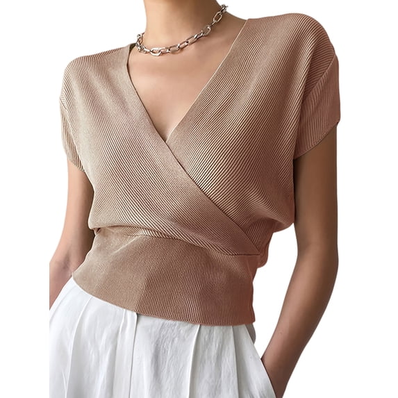 Gynyvoja Women'S V-Neck Wrap Front Ribbed Knit Short Sleeve Fitted Cropped Sweater Tos Brown M