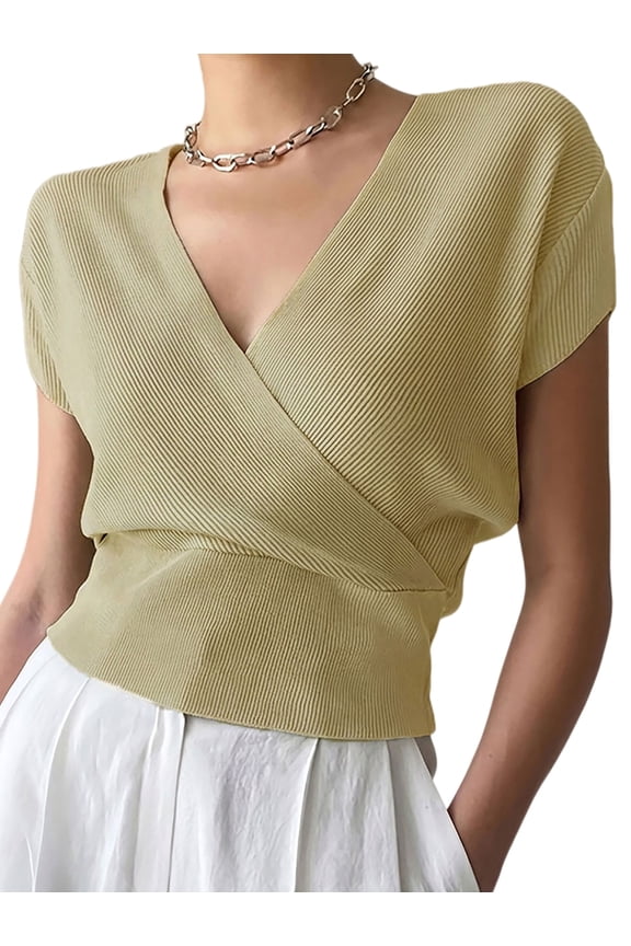 Women'S V-Neck Wrap Front Ribbed Knit Short Sleeve Fitted Cropped Sweater Tos Color XL