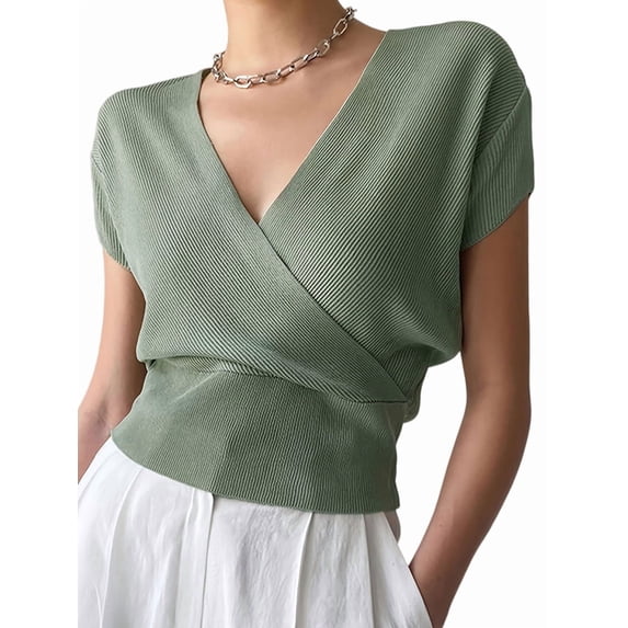 Gynyvoja Women'S V-Neck Wrap Front Ribbed Knit Short Sleeve Fitted Cropped Sweater Tos Gray-Green S