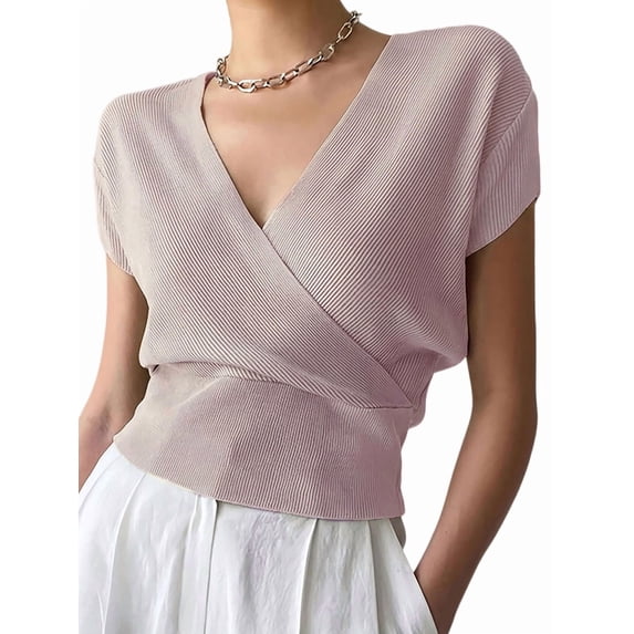 Gynyvoja Women'S V-Neck Wrap Front Ribbed Knit Short Sleeve Fitted Cropped Sweater Tos Pale S