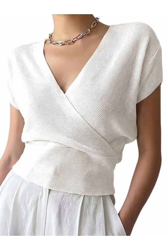 Women'S V-Neck Wrap Front Ribbed Knit Short Sleeve Fitted Cropped Sweater Tos White S