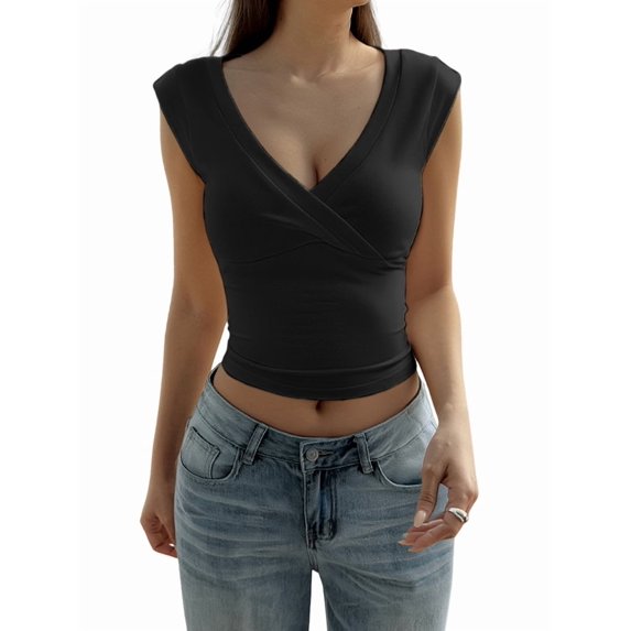 Gynyvoja Women'S Y2K V-Neck Wrap Front Cap Sleeve Fitted Cropped Tank Tops Black L