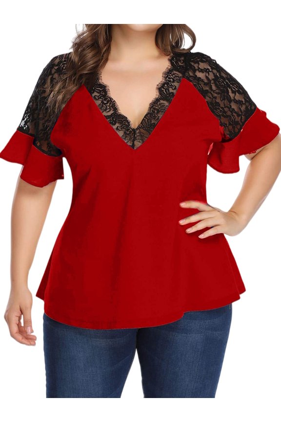 Women'S for Plus Size Flounce Short Sleeve Work Lace Deep V Neck Elegant Blouse Red 4XL