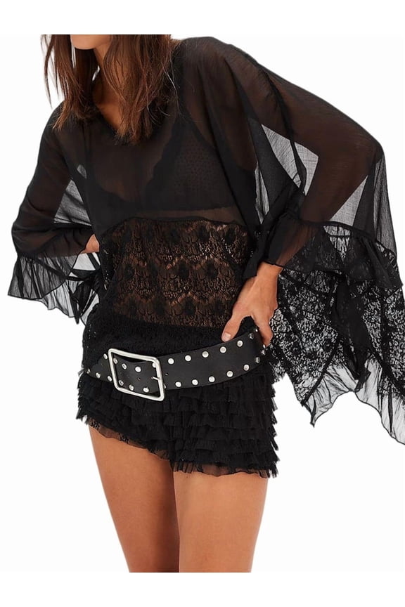 Women Sheer Oversized Batwing Sleeve Blouse Lace See Through Mesh CoverUp Ruffle Flowy Boho Shirt