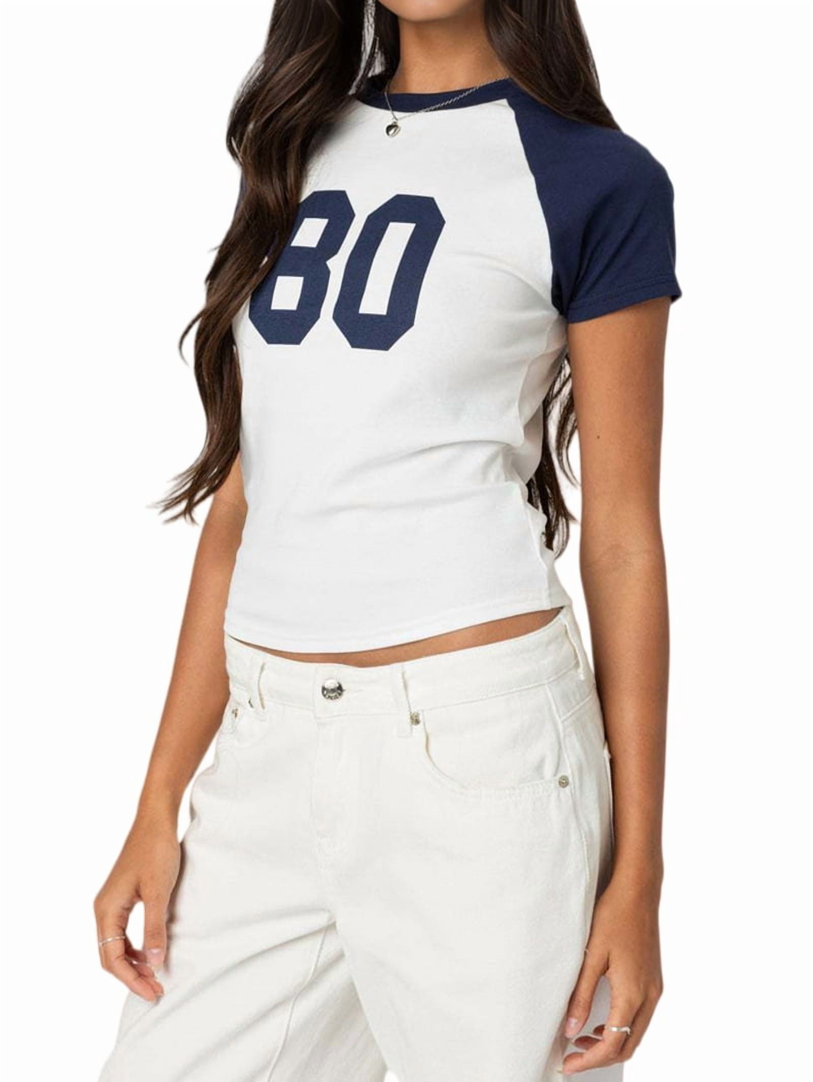 Women Short Sleeve Jersey Crop Tops Y2k Graphic Tees Summer Teen Girls Crewneck Slim Fit T-Shirts S