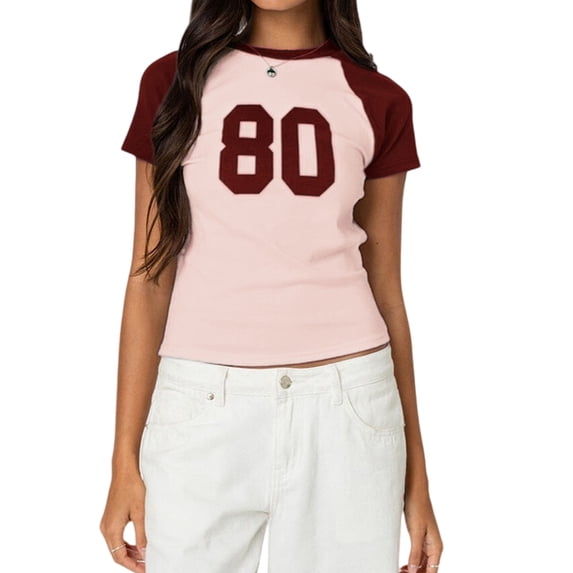 Gynyvoja Women Short Sleeve Jersey Crop Tops Y2k Graphic Tees Summer Teen Girls Crewneck Slim Fit T-Shirts Wine Red L