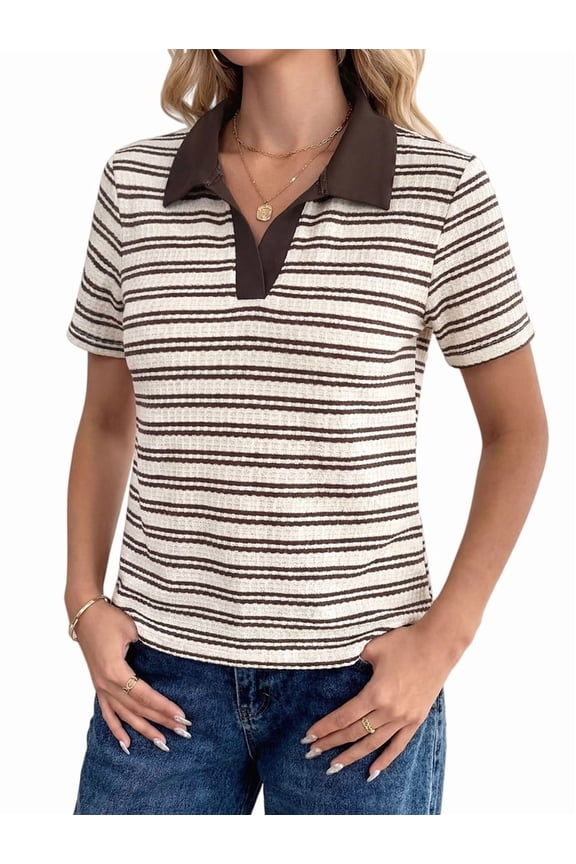 Women Striped Knit Shirts Short Sleeve Collared Cotton Shirt Casual Summer Pullove Tops Brown XL