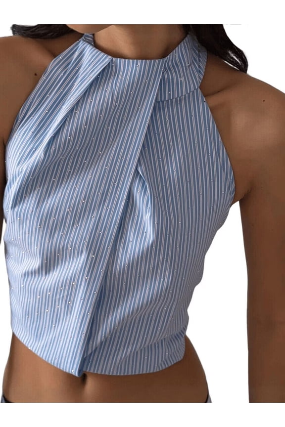 Women Tops Sleeveless Striped Halter Neck Tie-Front Tank Top Front Tee Shirt Casual Blue L