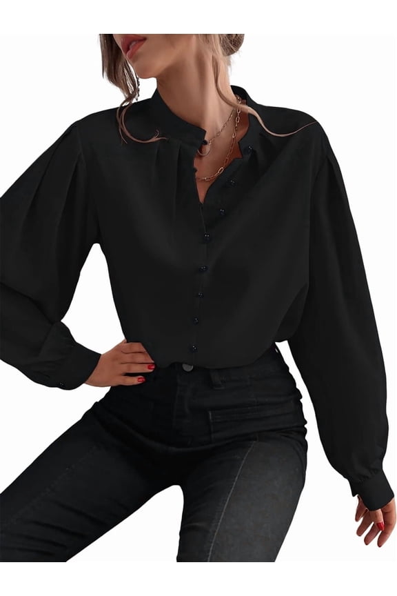 Womens Button Down Shirts Long Sleeve Dressy Tops Band Collar Fall Business Casual Blouses Black XXL