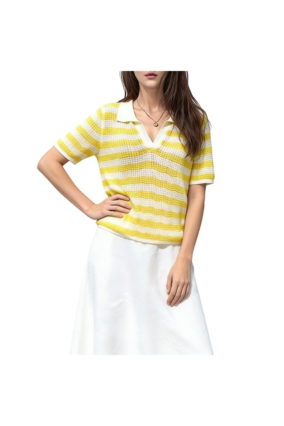 Womens Crochet Tops Summer Short Sleeve Striped Pullover Sweater Collared Knit Shirts Cover Up Top Yellow M