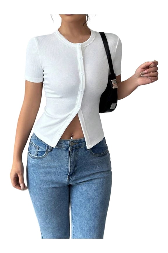 Womens Ribbed Short Sleeve Going Out Tops Button Down Up Cardigan Sweaters Lightweights White XL