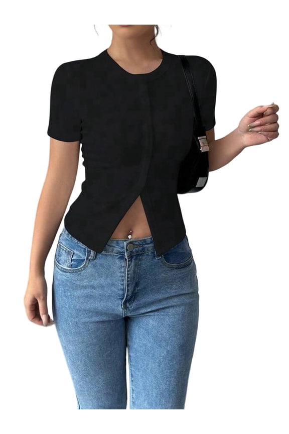 Womens Ribbed Short Sleeve Going Out Tops Button Down Up Cardigan Sweaters Lightweights