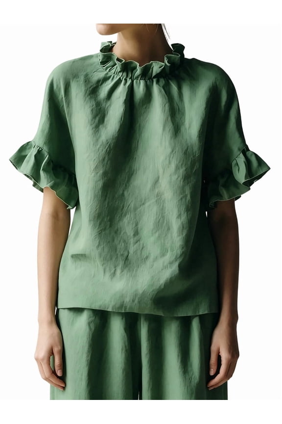 Womens Short Sleeve Casual T Shirts Summer Ruffle Plain Round Neck Loose Fit Tee Blouse Tops Emerald Green L
