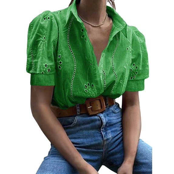 Gynyvoja Womens Summer Tops Cute Boho Blouses Beach Vacation Spring Outfits Eyelet Embroidered Clothes Green XL