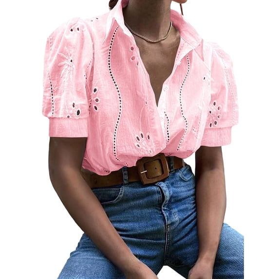 Gynyvoja Womens Summer Tops Cute Boho Blouses Beach Vacation Spring Outfits Eyelet Embroidered Clothes Pink L