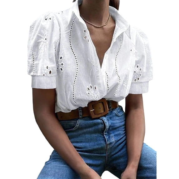 Gynyvoja Womens Summer Tops Cute Boho Blouses Beach Vacation Spring Outfits Eyelet Embroidered Clothes White L