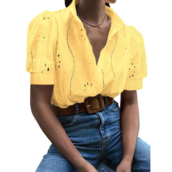 Gynyvoja Womens Summer Tops Cute Boho Blouses Beach Vacation Spring Outfits Eyelet Embroidered Clothes Yellow M