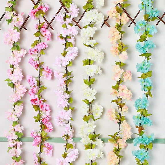 Gyouwnl Artificial Sakura Vine Flowers - Artificial Flower Fake Flowers Sakura Vine Ivy Garlands Hanging for Wedding Party Garden Wall Decoration Silk Flowers Wedding Garden Decor
