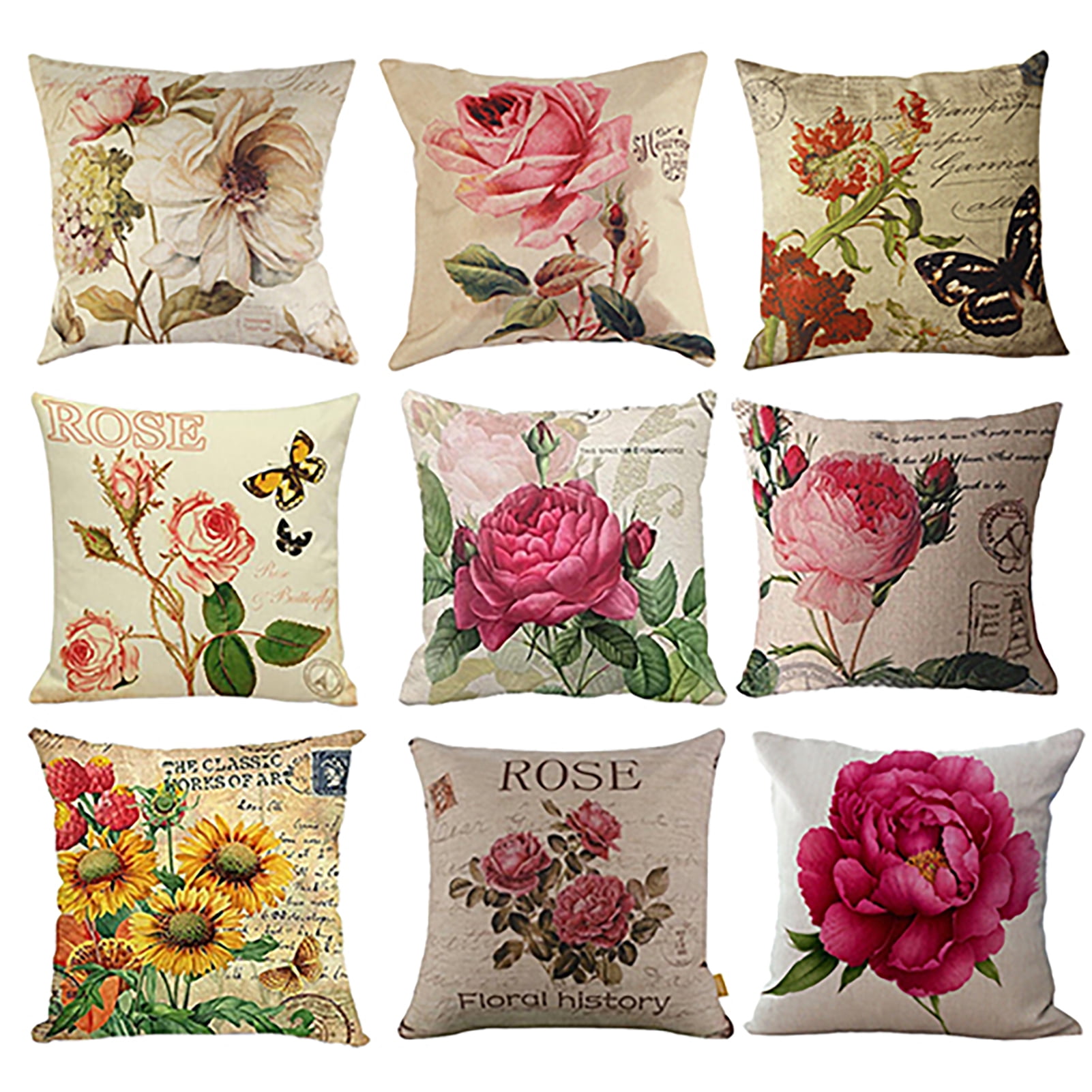 Gyouwnl Decorative Romantic Rose Flower Pillow Cover Vintage Shabby Chic Peach Pink Rose Floral Cushion Cover Square Cotton Linen Pillowcase for Sofa Bedroom Car 18x18 Inch Walmart